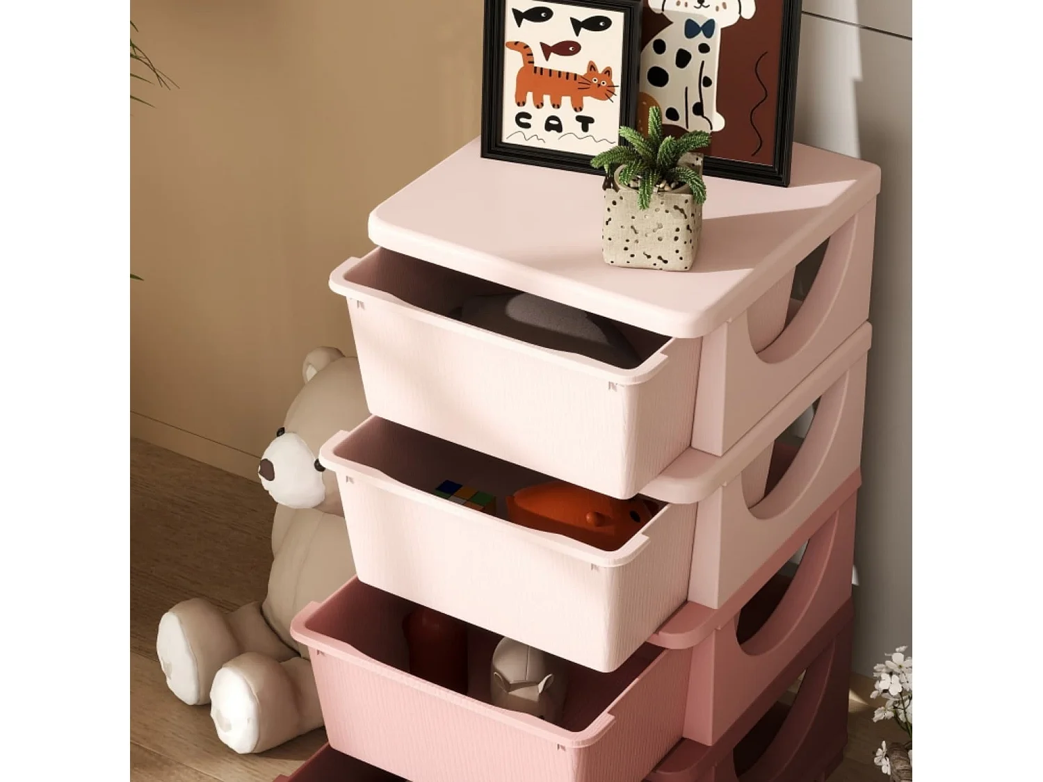 Aufbewahrungsboxen für Kinder, 4 Schubladen, abgerundete Kanten, erhöhtes Design, 37x37x76 cm, Rosa
