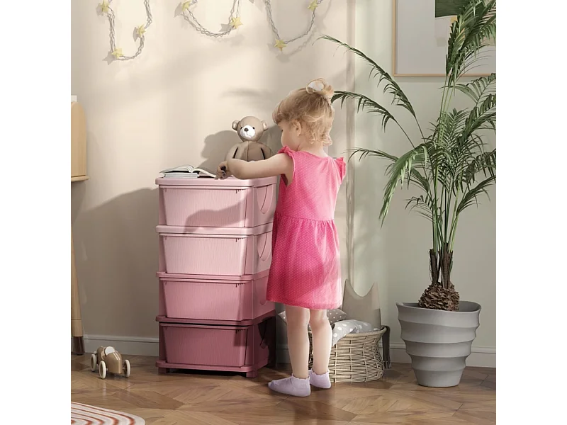 Aufbewahrungsboxen für Kinder, 4 Schubladen, abgerundete Kanten, erhöhtes Design, 37x37x76 cm, Rosa