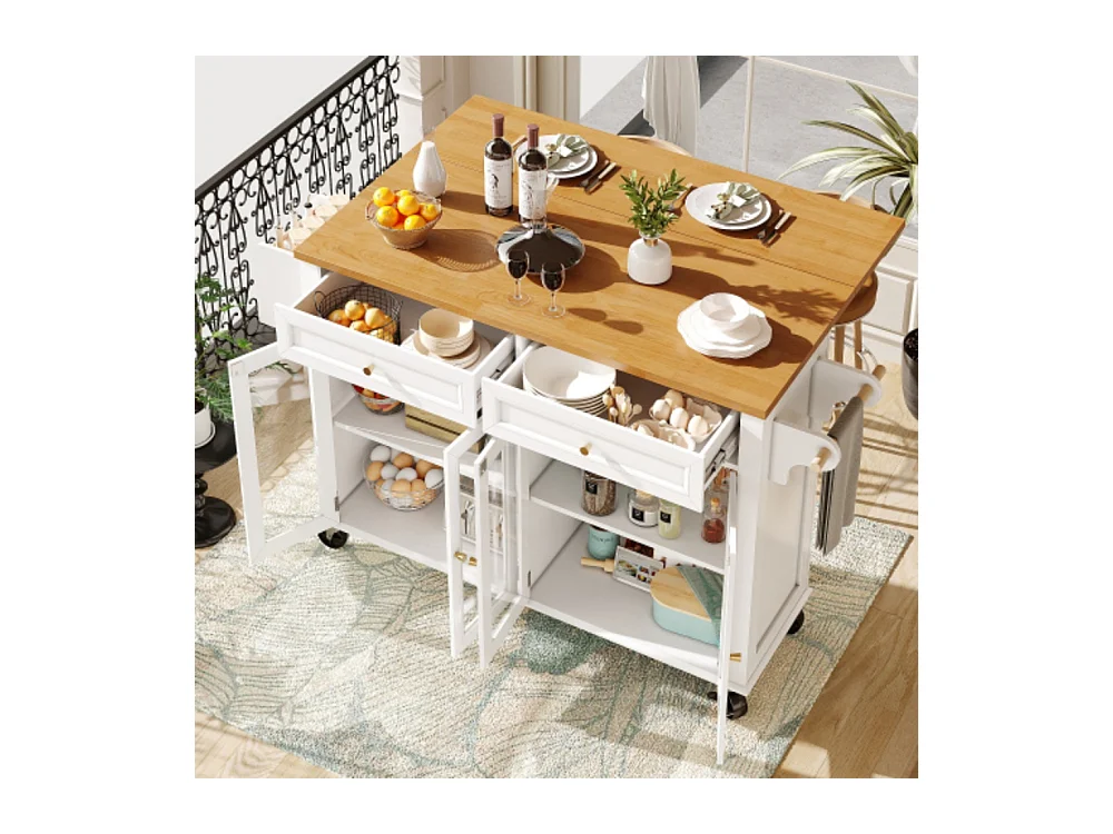 Kücheninsel mit Rollen & Glastüren, Multifunktionaler Servierwagen mit Stauraum, Mobiler Buffetschrank, Küchenwagen für Esszimmer