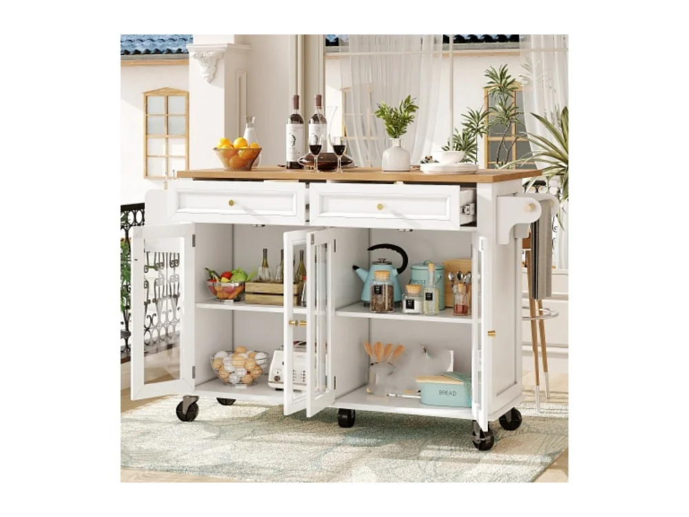 Kücheninsel mit Rollen & Glastüren, Multifunktionaler Servierwagen mit Stauraum, Mobiler Buffetschrank, Küchenwagen für Esszimmer
