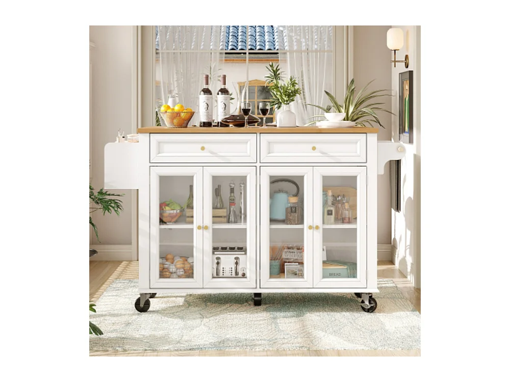 Kücheninsel mit Rollen & Glastüren, Multifunktionaler Servierwagen mit Stauraum, Mobiler Buffetschrank, Küchenwagen für Esszimmer