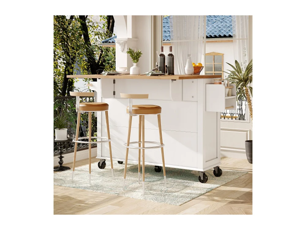 Kücheninsel mit Rollen & Glastüren, Multifunktionaler Servierwagen mit Stauraum, Mobiler Buffetschrank, Küchenwagen für Esszimmer