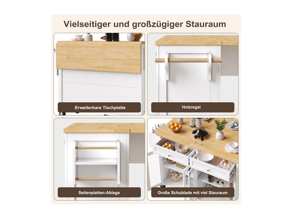 Kücheninsel mit Rollen & Glastüren, Multifunktionaler Servierwagen mit Stauraum, Mobiler Buffetschrank, Küchenwagen für Esszimmer