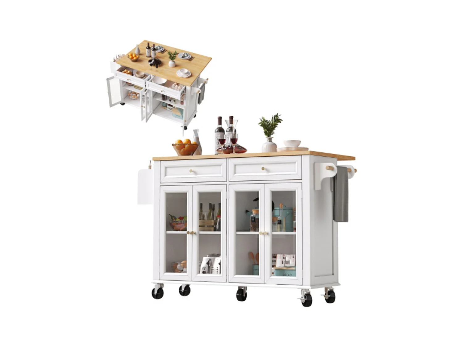 Kücheninsel mit Rollen & Glastüren, Multifunktionaler Servierwagen mit Stauraum, Mobiler Buffetschrank, Küchenwagen für Esszimmer