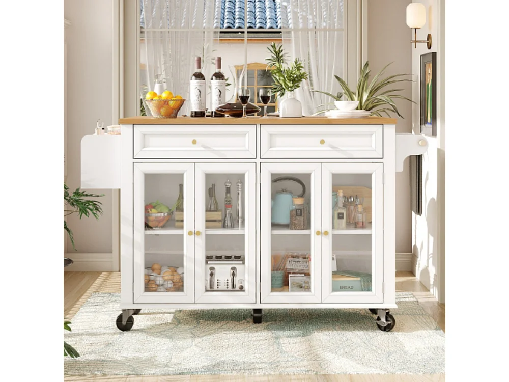 Kücheninsel mit Rollen & Glastüren, Multifunktionaler Servierwagen mit Stauraum, Mobiler Buffetschrank, Küchenwagen für Esszimmer