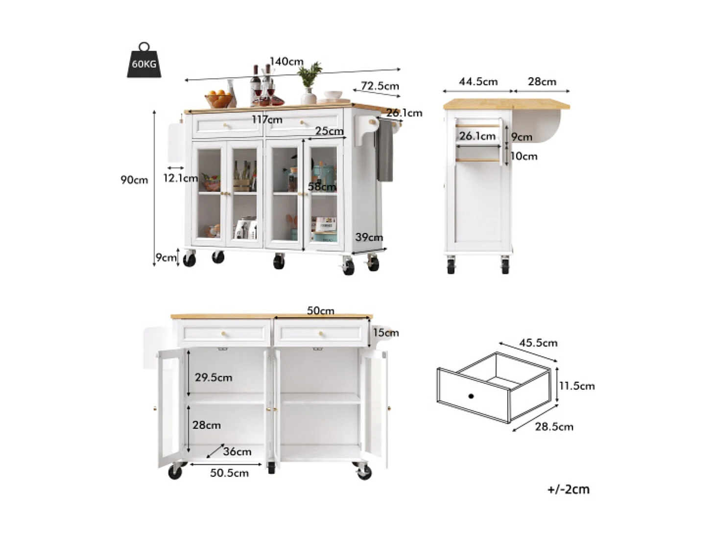 Kücheninsel mit Rollen & Glastüren, Multifunktionaler Servierwagen mit Stauraum, Mobiler Buffetschrank, Küchenwagen für Esszimmer