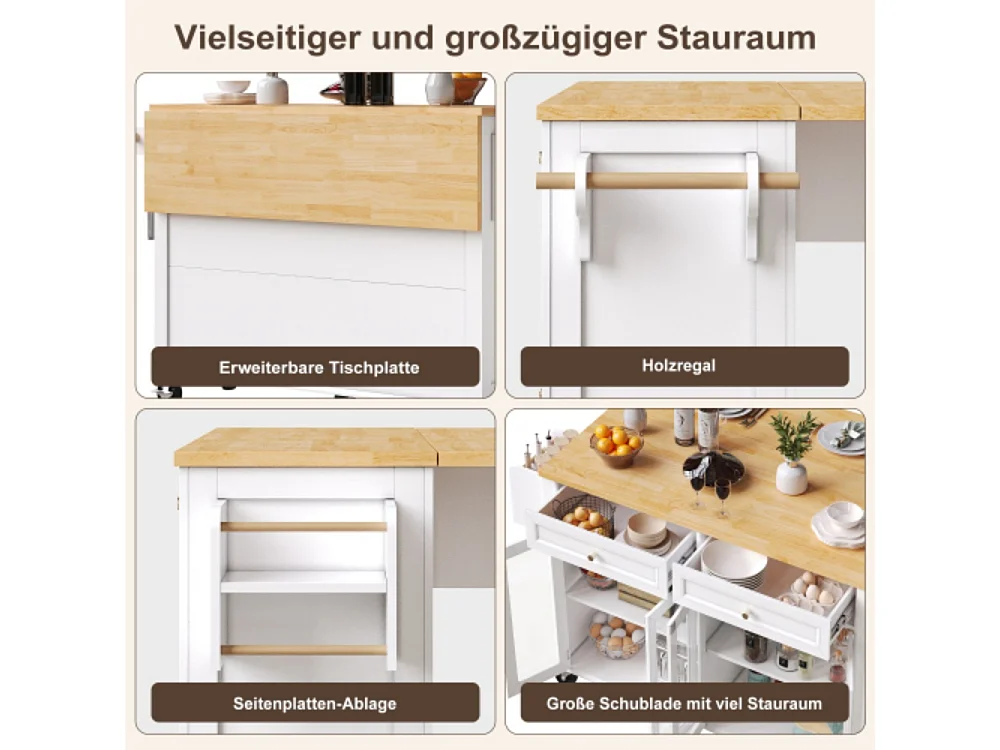 Kücheninsel mit Rollen & Glastüren, Multifunktionaler Servierwagen mit Stauraum, Mobiler Buffetschrank, Küchenwagen für Esszimmer