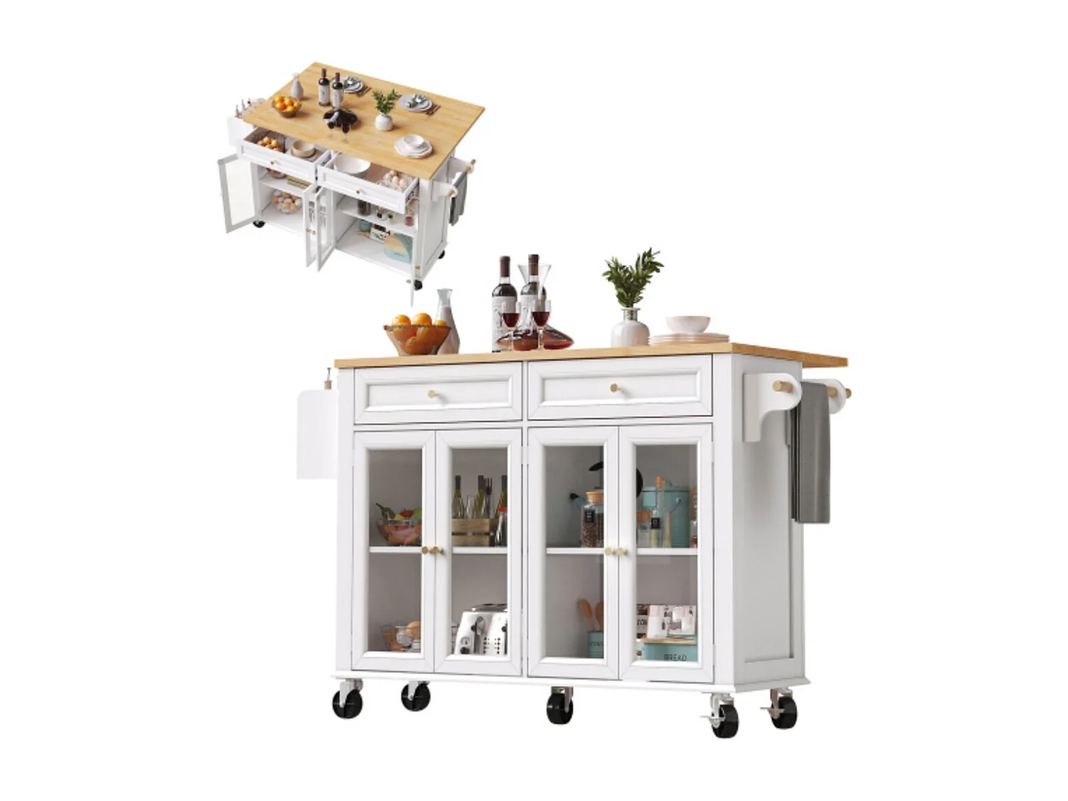 Kücheninsel mit Rollen & Glastüren, Multifunktionaler Servierwagen mit Stauraum, Mobiler Buffetschrank, Küchenwagen für Esszimmer