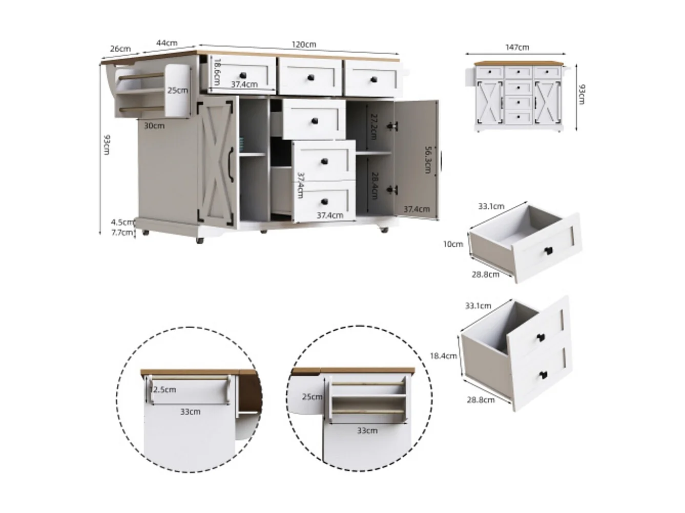 Kücheninsel, Servierwagen mit Stauraum, Mobiler Buffetschrank, Küchenwagen für Küche