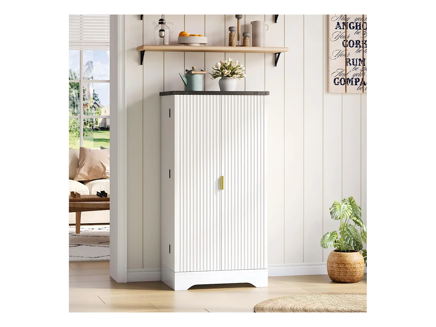 Küchenschrank mit LED-Sensorlicht und Gewürzregal, Großzügiger Doppeltür-Schrank mit Verstellbaren Regalböden und Modernem Türdesign,120x60,5x40cm