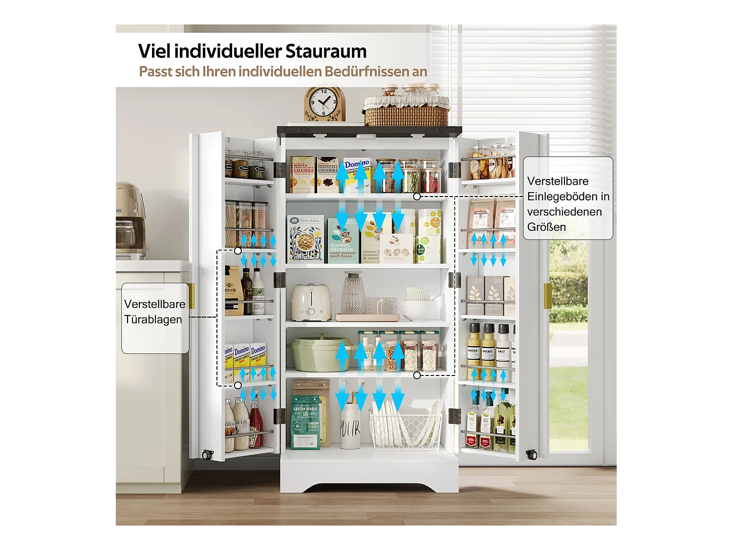 Küchenschrank mit LED-Sensorlicht und Gewürzregal, Großzügiger Doppeltür-Schrank mit Verstellbaren Regalböden und Modernem Türdesign,120x60,5x40cm