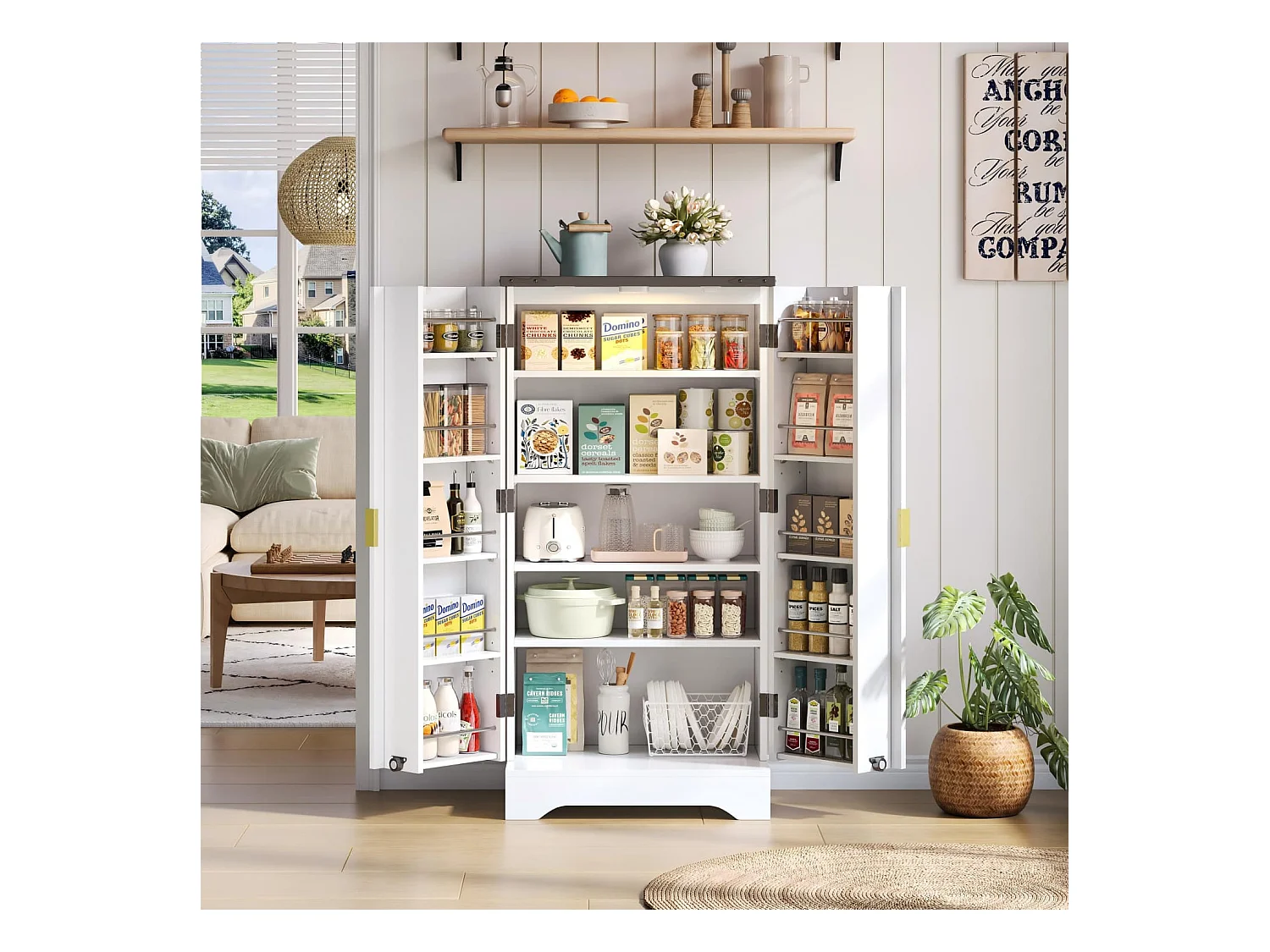 Küchenschrank mit LED-Sensorlicht und Gewürzregal, Großzügiger Doppeltür-Schrank mit Verstellbaren Regalböden und Modernem Türdesign,120x60,5x40cm