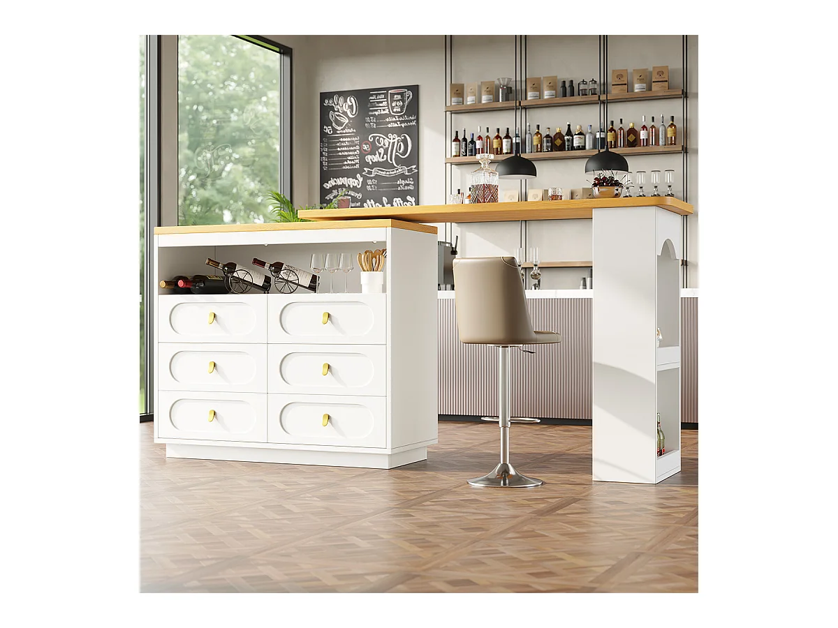 Bartisch mit 360° Drehfunktion und Stauraum Kücheninsel Hochtisch Küchentisch Längenverstellbar von 138-203cm Weiß