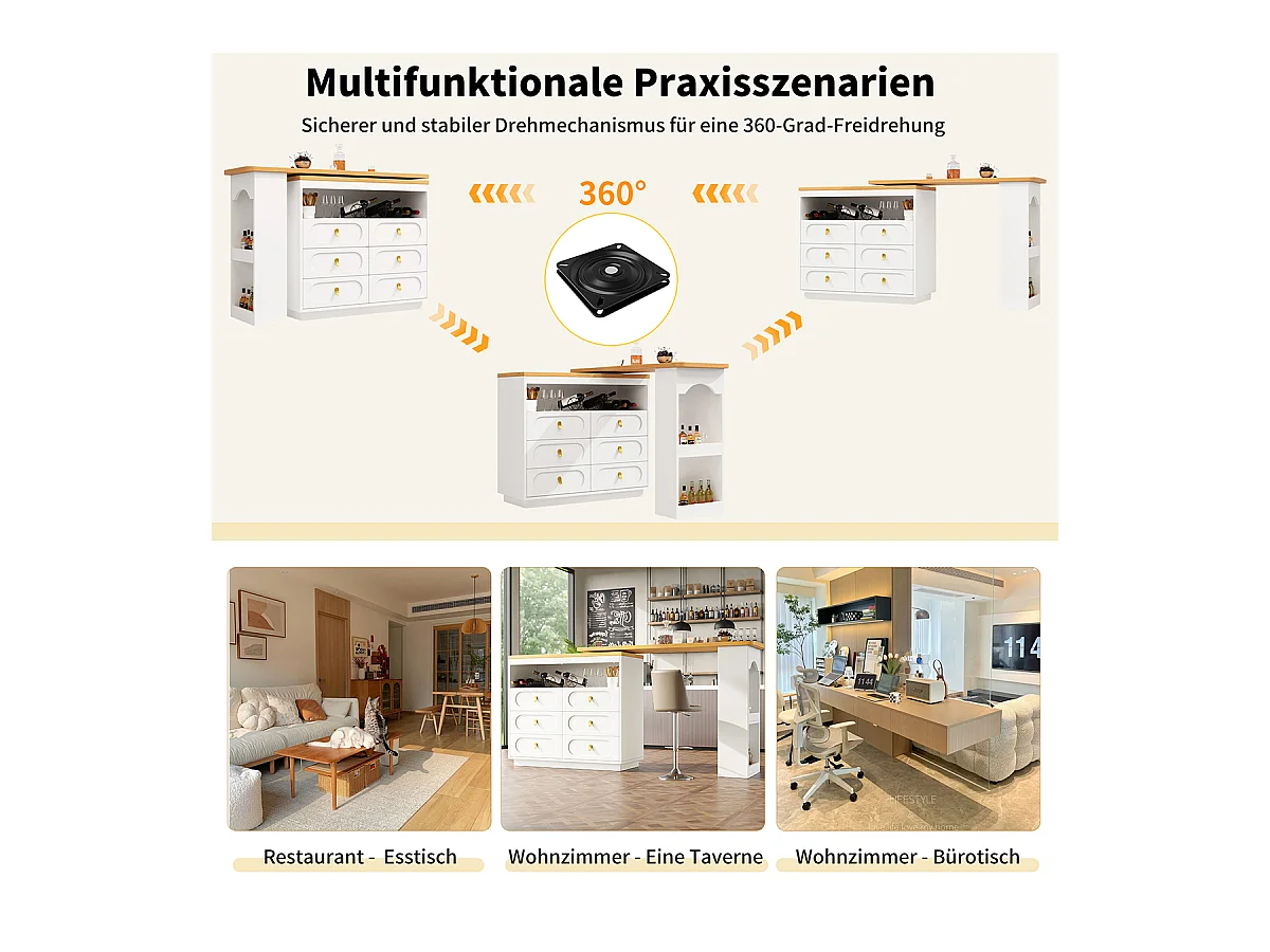 Bartisch mit 360° Drehfunktion und Stauraum Kücheninsel Hochtisch Küchentisch Längenverstellbar von 138-203cm Weiß