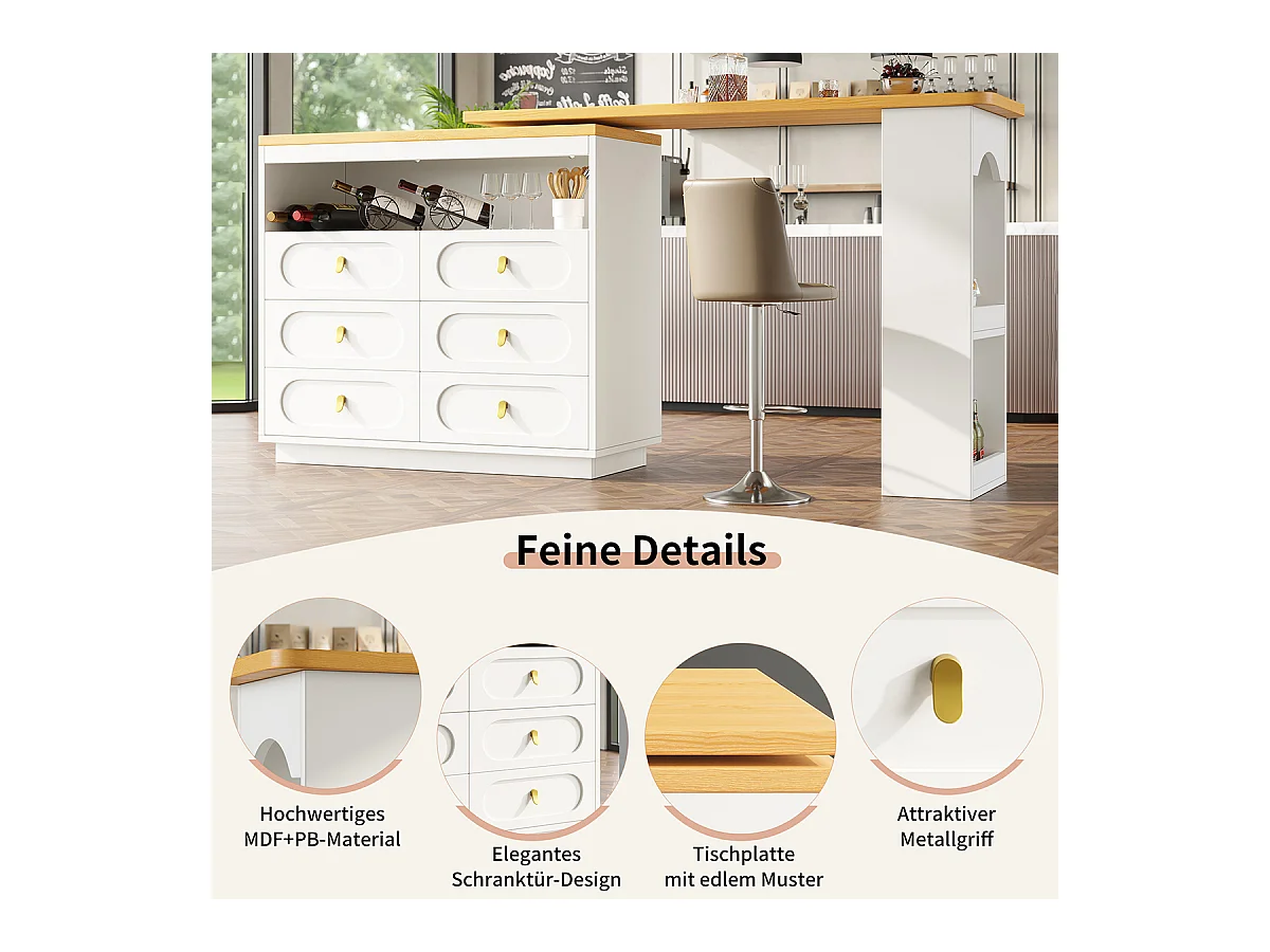 Bartisch mit 360° Drehfunktion und Stauraum Kücheninsel Hochtisch Küchentisch Längenverstellbar von 138-203cm Weiß