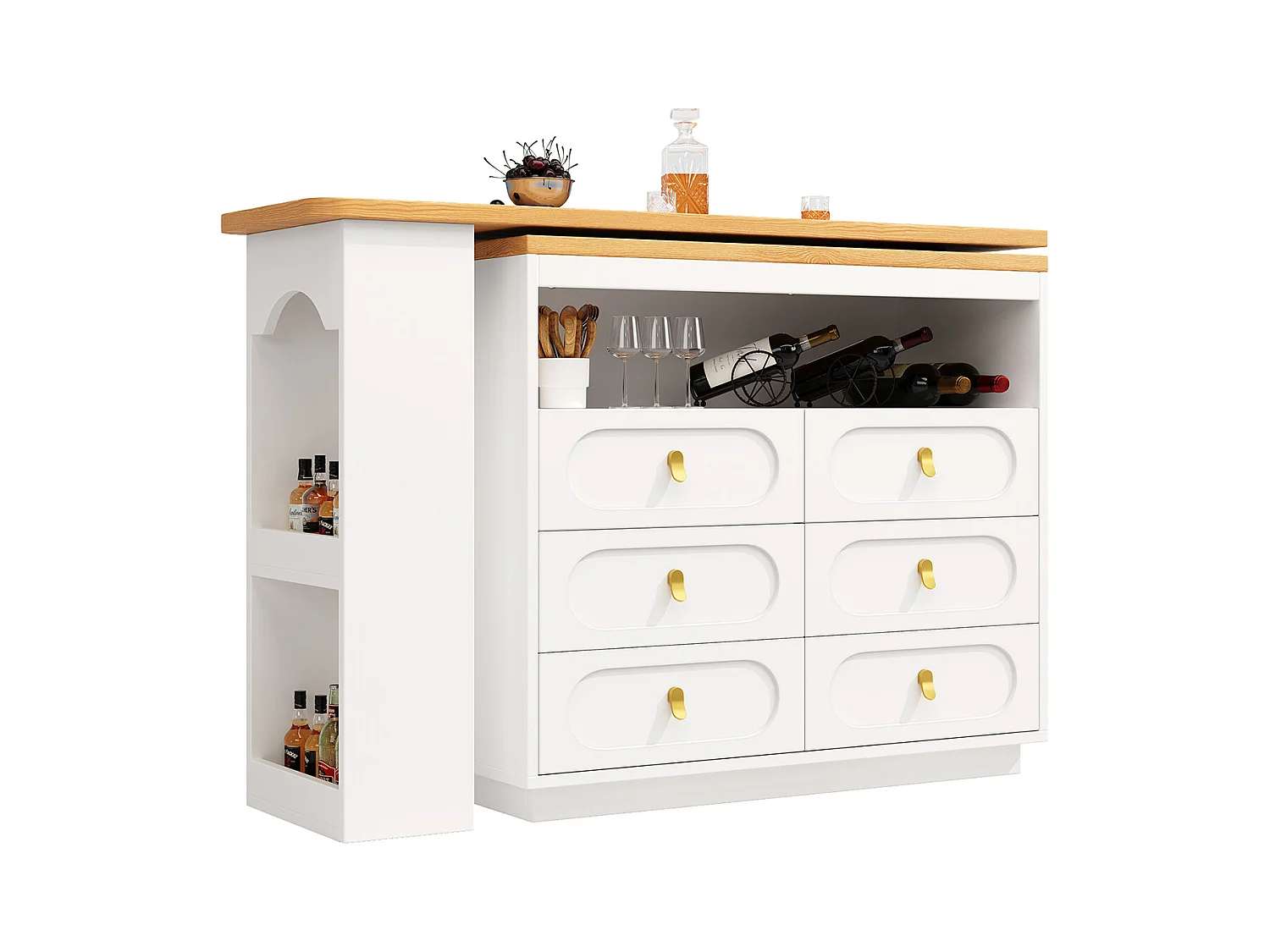 Bartisch mit 360° Drehfunktion und Stauraum Kücheninsel Hochtisch Küchentisch Längenverstellbar von 138-203cm Weiß