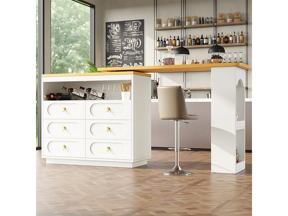 Bartisch mit 360° Drehfunktion und Stauraum Kücheninsel Hochtisch Küchentisch Längenverstellbar von 138-203cm Weiß
