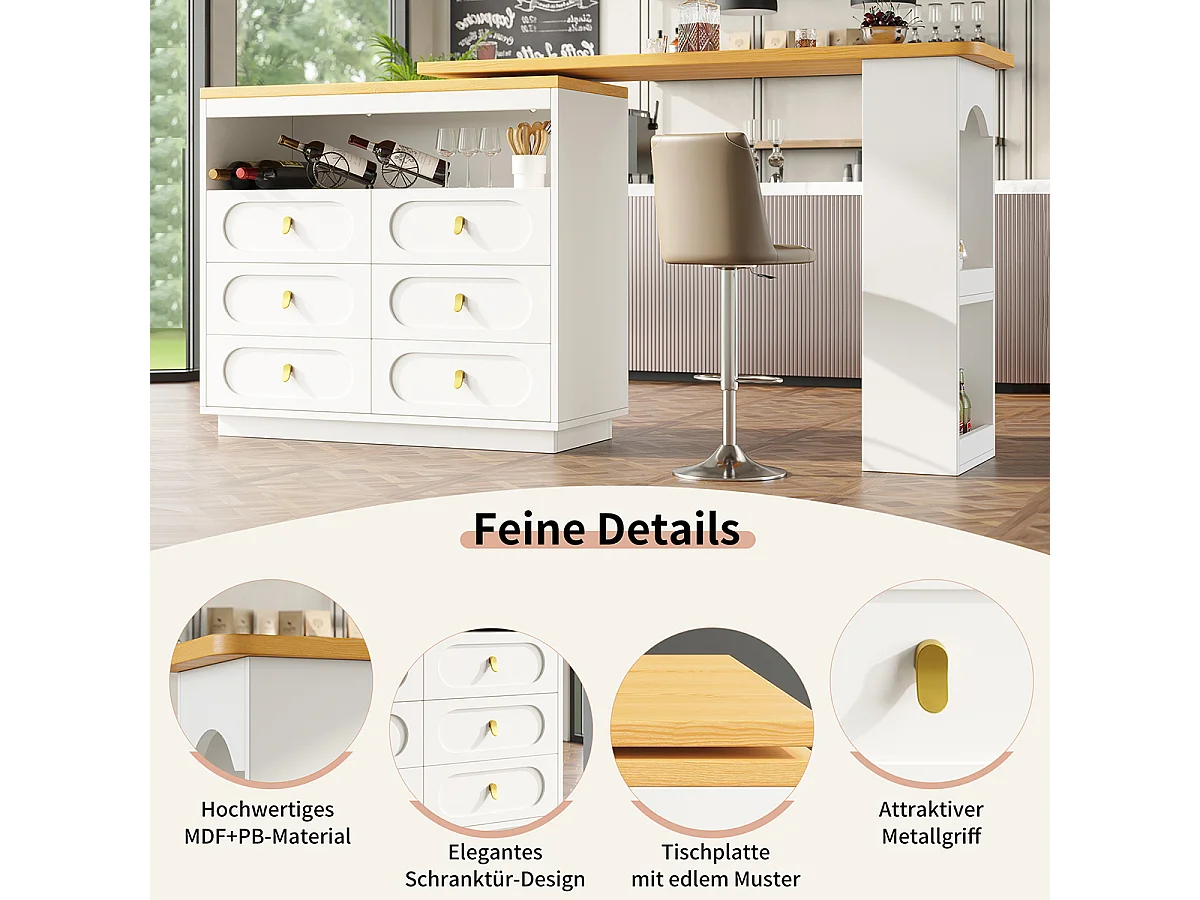 Bartisch mit 360° Drehfunktion und Stauraum Kücheninsel Hochtisch Küchentisch Längenverstellbar von 138-203cm Weiß