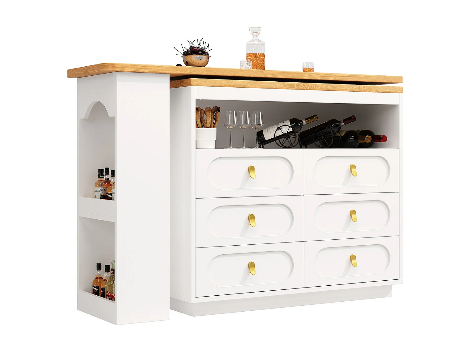 Bartisch mit 360° Drehfunktion und Stauraum Kücheninsel Hochtisch Küchentisch Längenverstellbar von 138-203cm Weiß