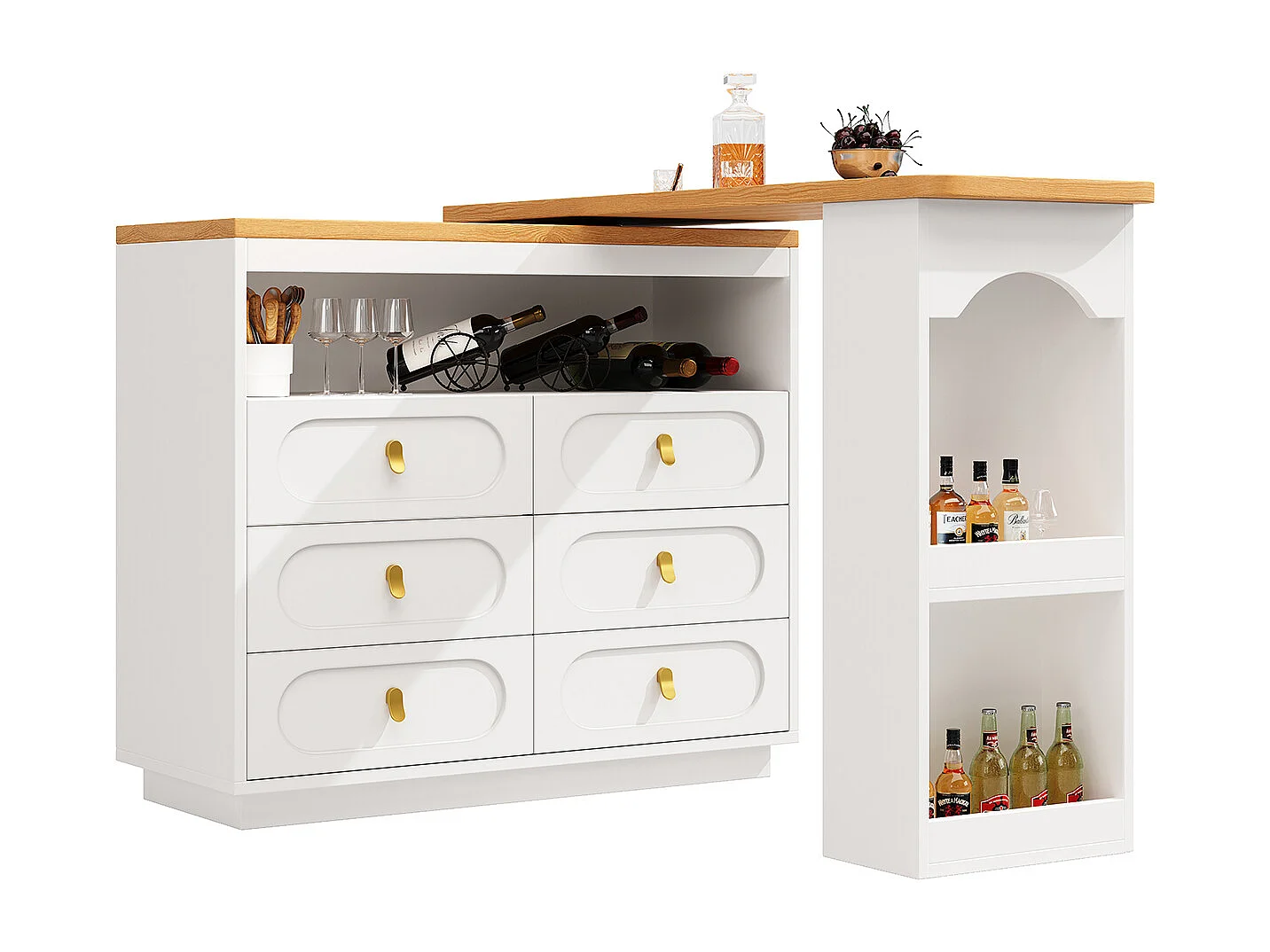 Bartisch mit 360° Drehfunktion und Stauraum Kücheninsel Hochtisch Küchentisch Längenverstellbar von 138-203cm Weiß