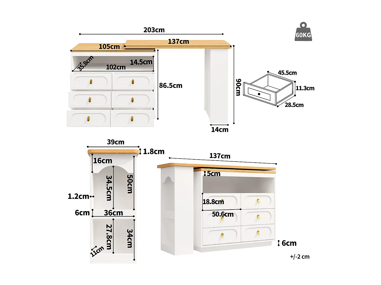 Bartisch mit 360° Drehfunktion und Stauraum Kücheninsel Hochtisch Küchentisch Längenverstellbar von 138-203cm Weiß