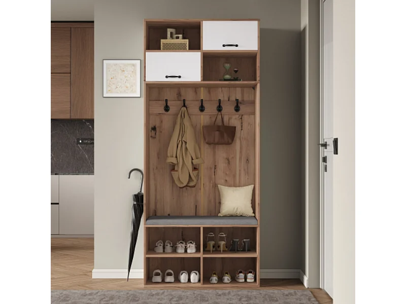 Garderobenset, Komplett-Set Flurgarderobe mit Sitzbank, 5 Haken, 2 Türen 80×185×35 cm (B×H×T)