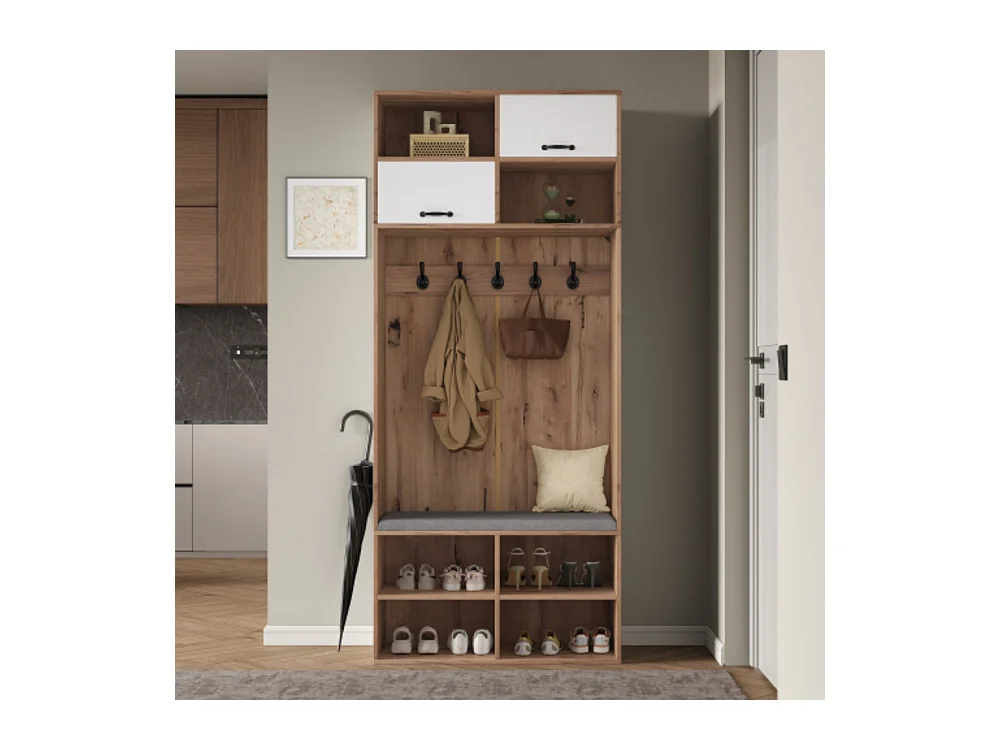 Garderobenset, Komplett-Set Flurgarderobe mit Sitzbank, 5 Haken, 2 Türen 80×185×35 cm (B×H×T)