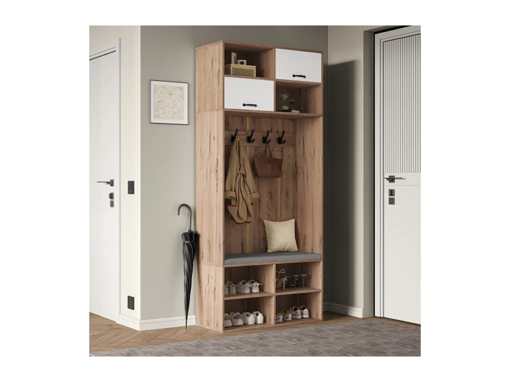 Garderobenset, Komplett-Set Flurgarderobe mit Sitzbank, 5 Haken, 2 Türen 80×185×35 cm (B×H×T)