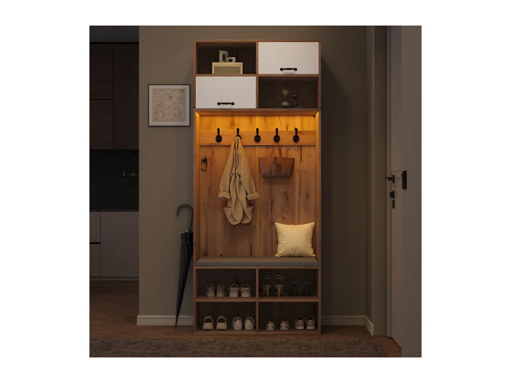 Garderobenset, Komplett-Set Flurgarderobe mit Sitzbank, 5 Haken, 2 Türen 80×185×35 cm (B×H×T)