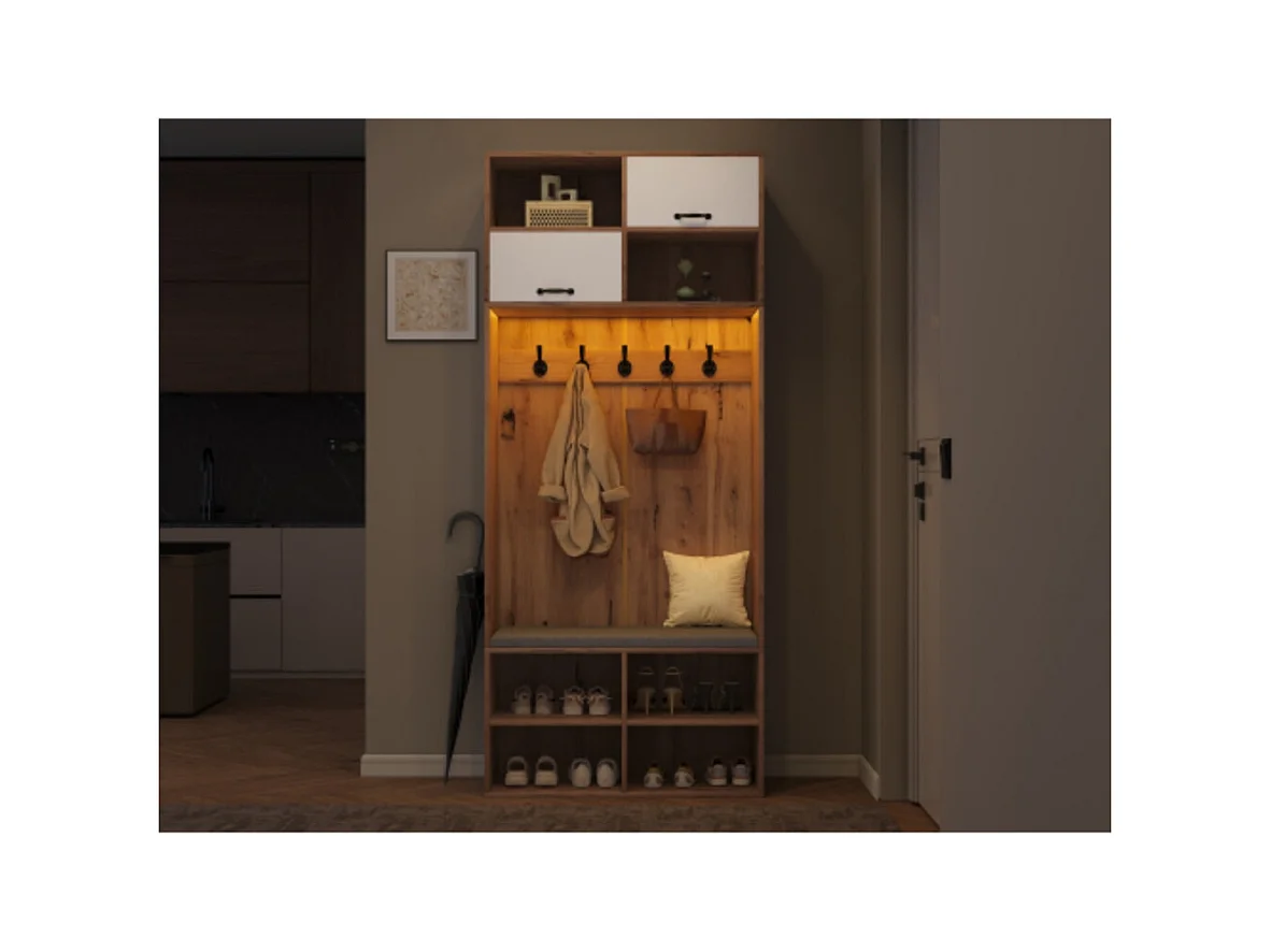 Garderobenset, Komplett-Set Flurgarderobe mit Sitzbank, 5 Haken, 2 Türen 80×185×35 cm (B×H×T)