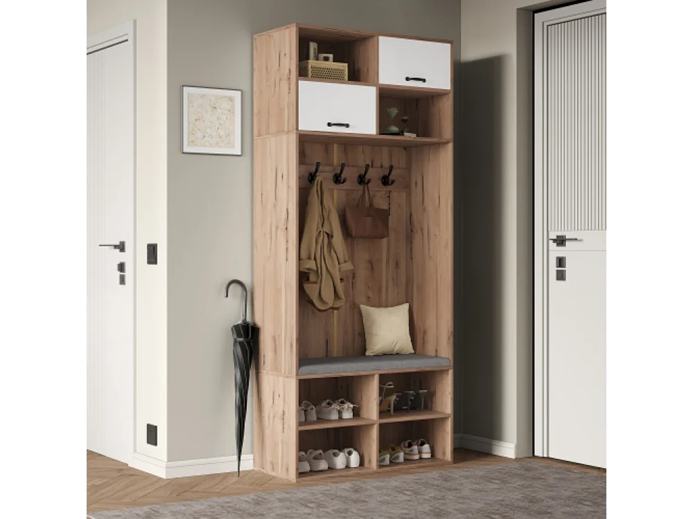 Garderobenset, Komplett-Set Flurgarderobe mit Sitzbank, 5 Haken, 2 Türen 80×185×35 cm (B×H×T)