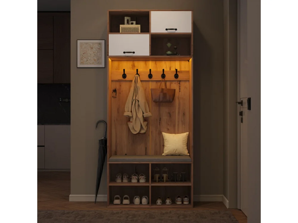 Garderobenset, Komplett-Set Flurgarderobe mit Sitzbank, 5 Haken, 2 Türen 80×185×35 cm (B×H×T)