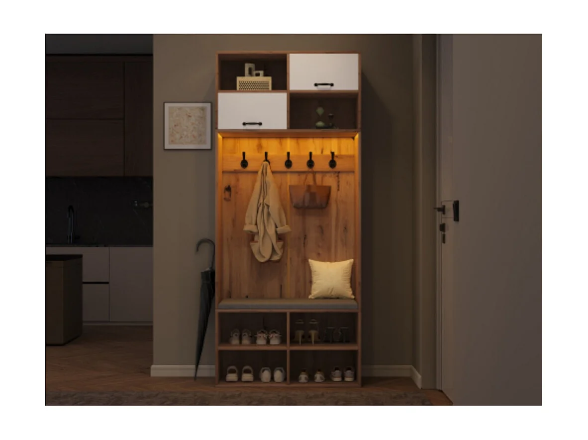 Garderobenset, Komplett-Set Flurgarderobe mit Sitzbank, 5 Haken, 2 Türen 80×185×35 cm (B×H×T)