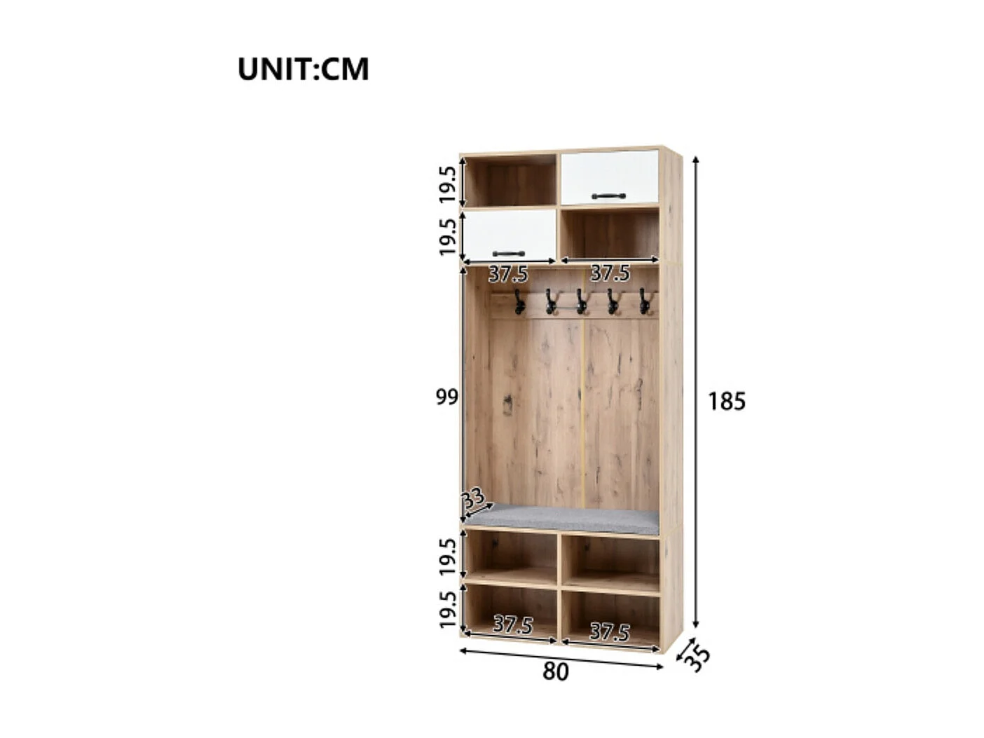 Garderobenset, Komplett-Set Flurgarderobe mit Sitzbank, 5 Haken, 2 Türen 80×185×35 cm (B×H×T)