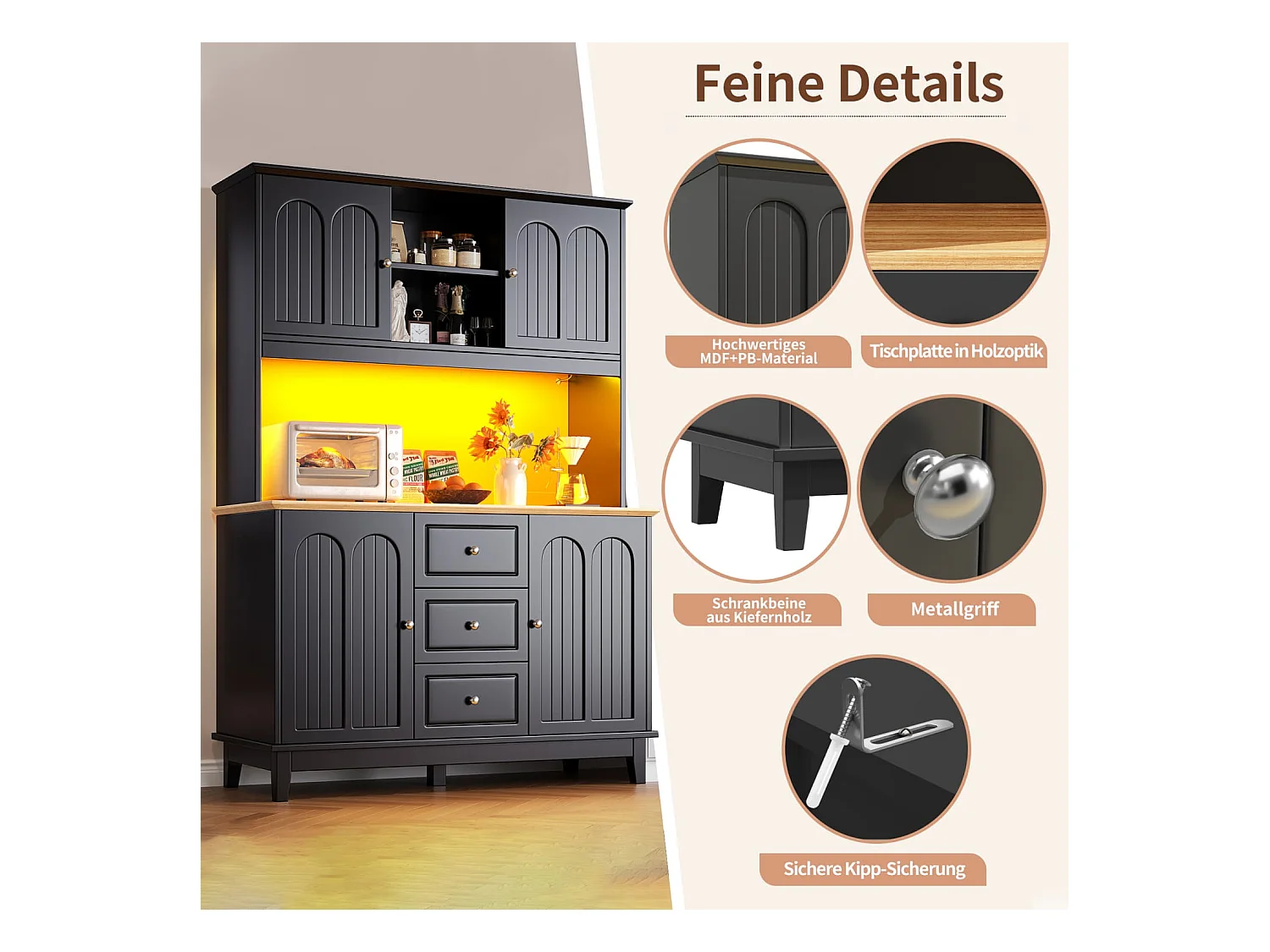 Hochwertiger Hochschrank mit LED-Beleuchtung+App-Steuerung,Standvitrine mit 4 Türen+3 Schubladen,Küchenvitrine mit Musik-Lichtfunktion+Kippschutz