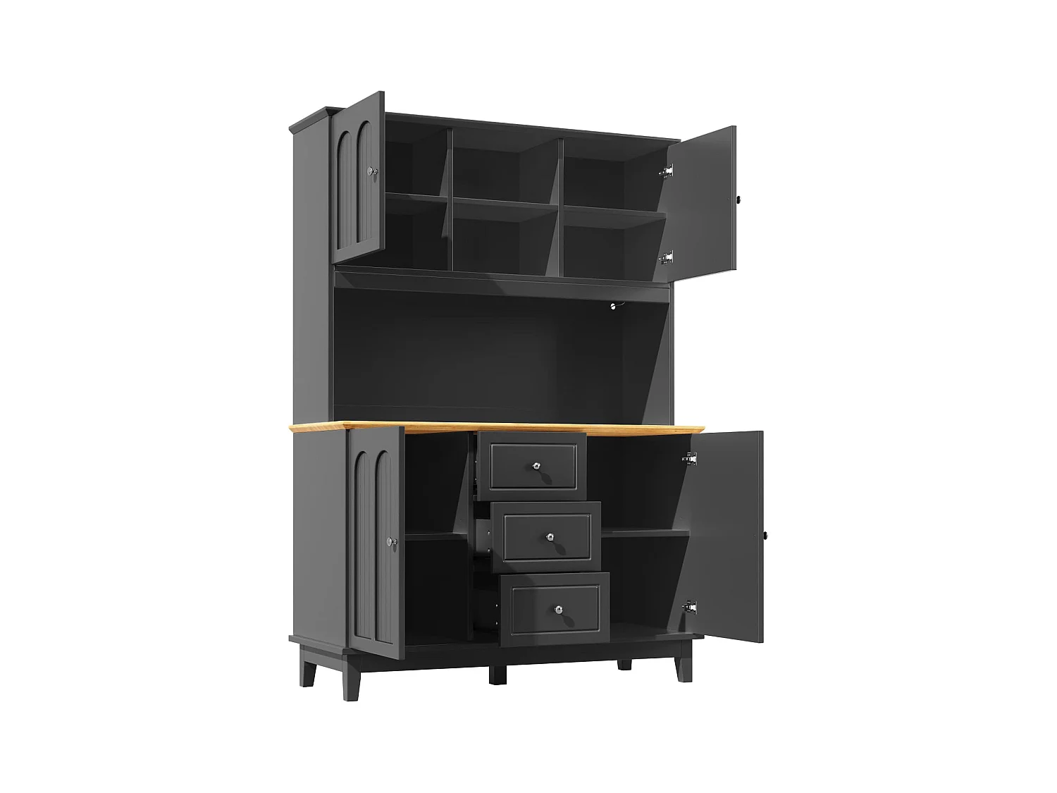 Hochwertiger Hochschrank mit LED-Beleuchtung+App-Steuerung,Standvitrine mit 4 Türen+3 Schubladen,Küchenvitrine mit Musik-Lichtfunktion+Kippschutz