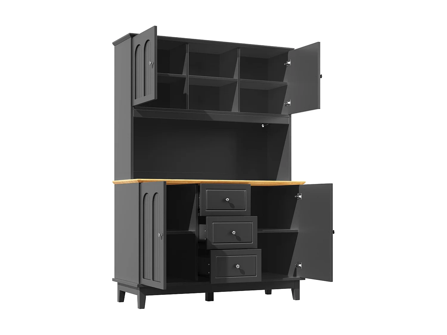 Hochwertiger Hochschrank mit LED-Beleuchtung+App-Steuerung,Standvitrine mit 4 Türen+3 Schubladen,Küchenvitrine mit Musik-Lichtfunktion+Kippschutz