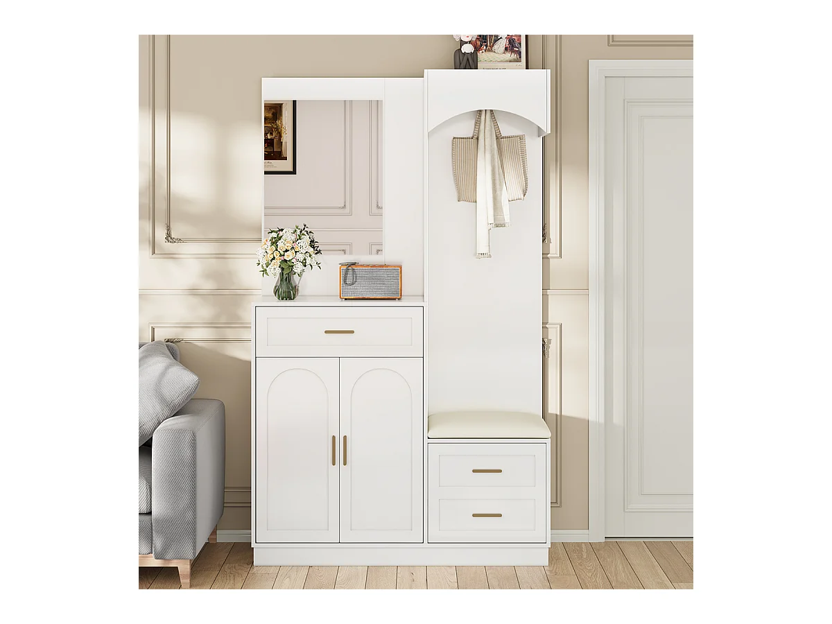 Garderobenset mit Spiegel und Schuhschrankkombination Flurgarderobe Wandgarderoben-Set 110 L x 33 B x 185.5 H cm Weiß