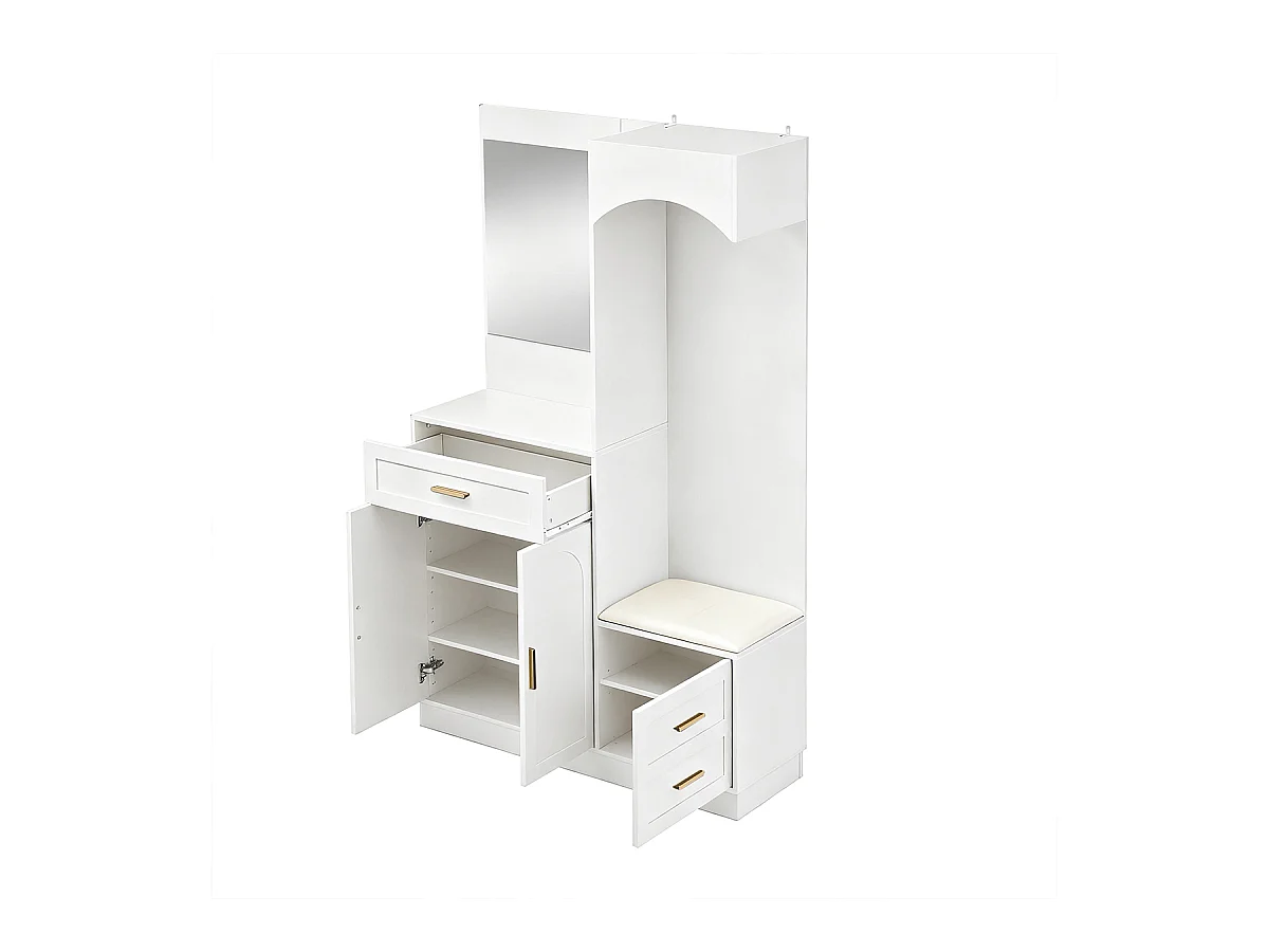 Garderobenset mit Spiegel und Schuhschrankkombination Flurgarderobe Wandgarderoben-Set 110 L x 33 B x 185.5 H cm Weiß