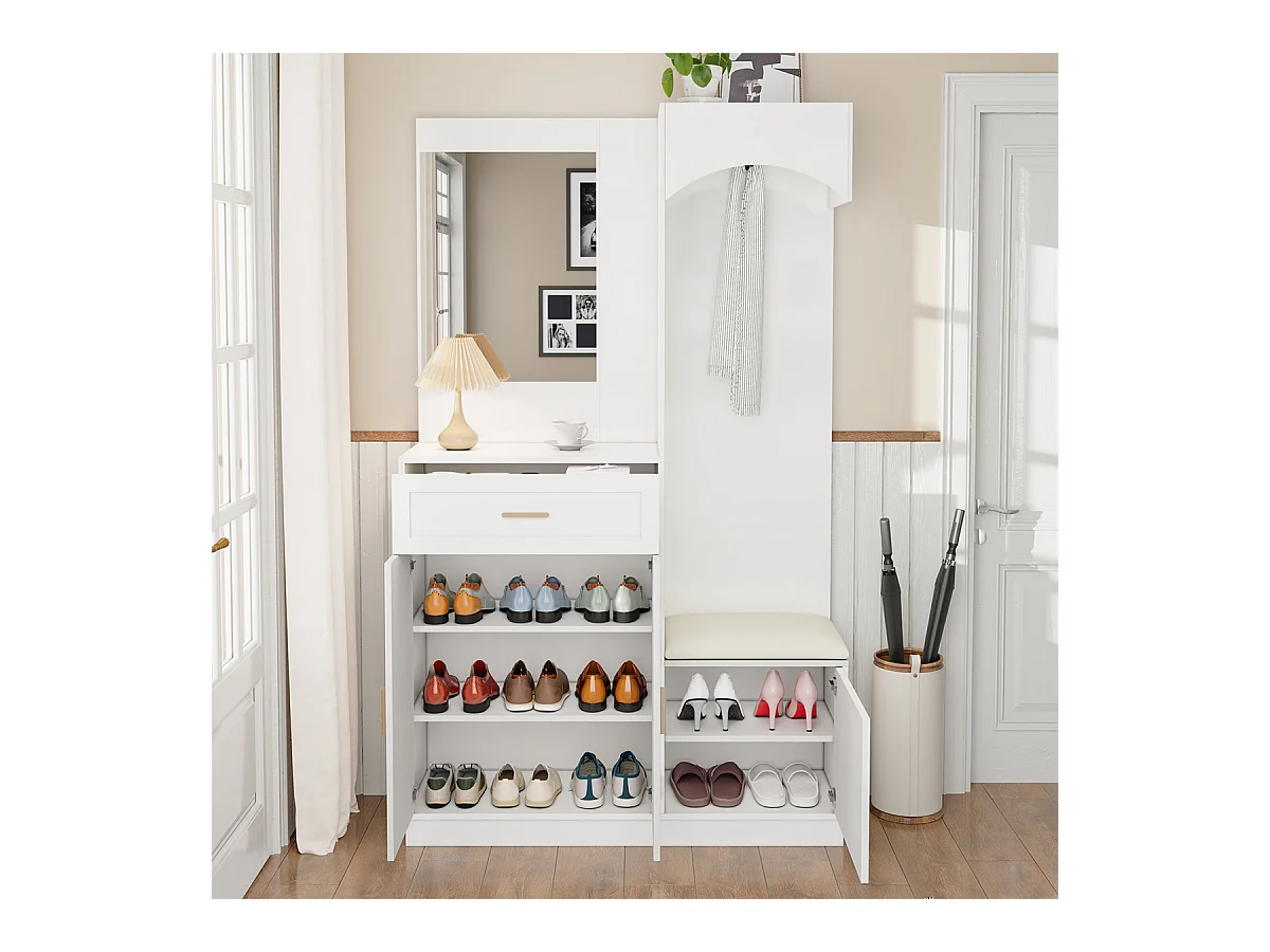 Garderobenset mit Spiegel und Schuhschrankkombination Flurgarderobe Wandgarderoben-Set 110 L x 33 B x 185.5 H cm Weiß