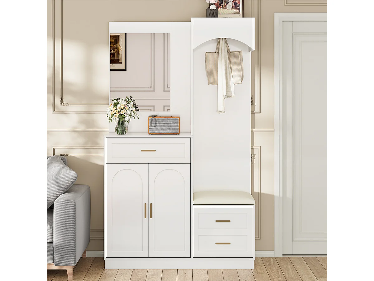 Garderobenset mit Spiegel und Schuhschrankkombination Flurgarderobe Wandgarderoben-Set 110 L x 33 B x 185.5 H cm Weiß