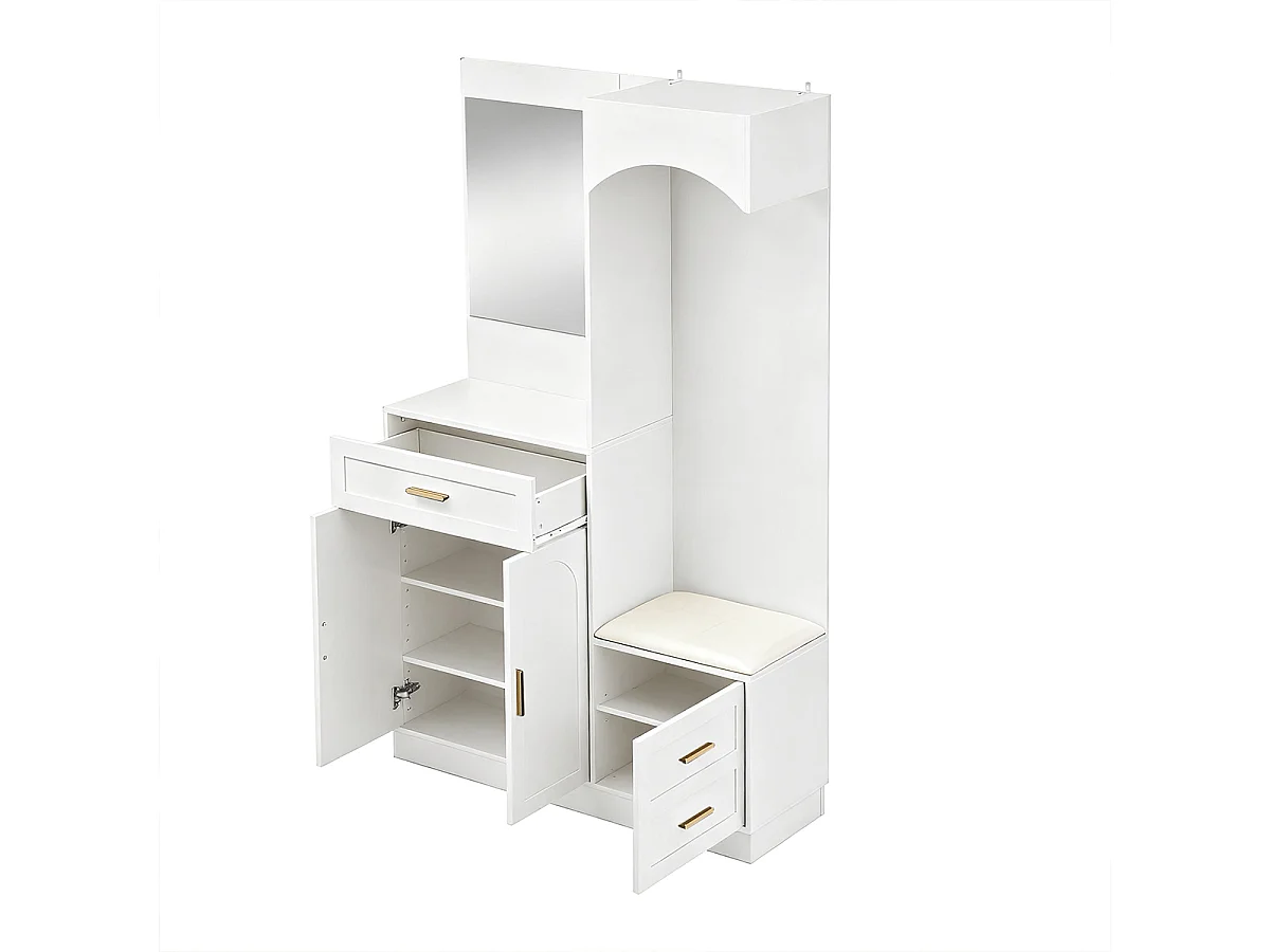 Garderobenset mit Spiegel und Schuhschrankkombination Flurgarderobe Wandgarderoben-Set 110 L x 33 B x 185.5 H cm Weiß