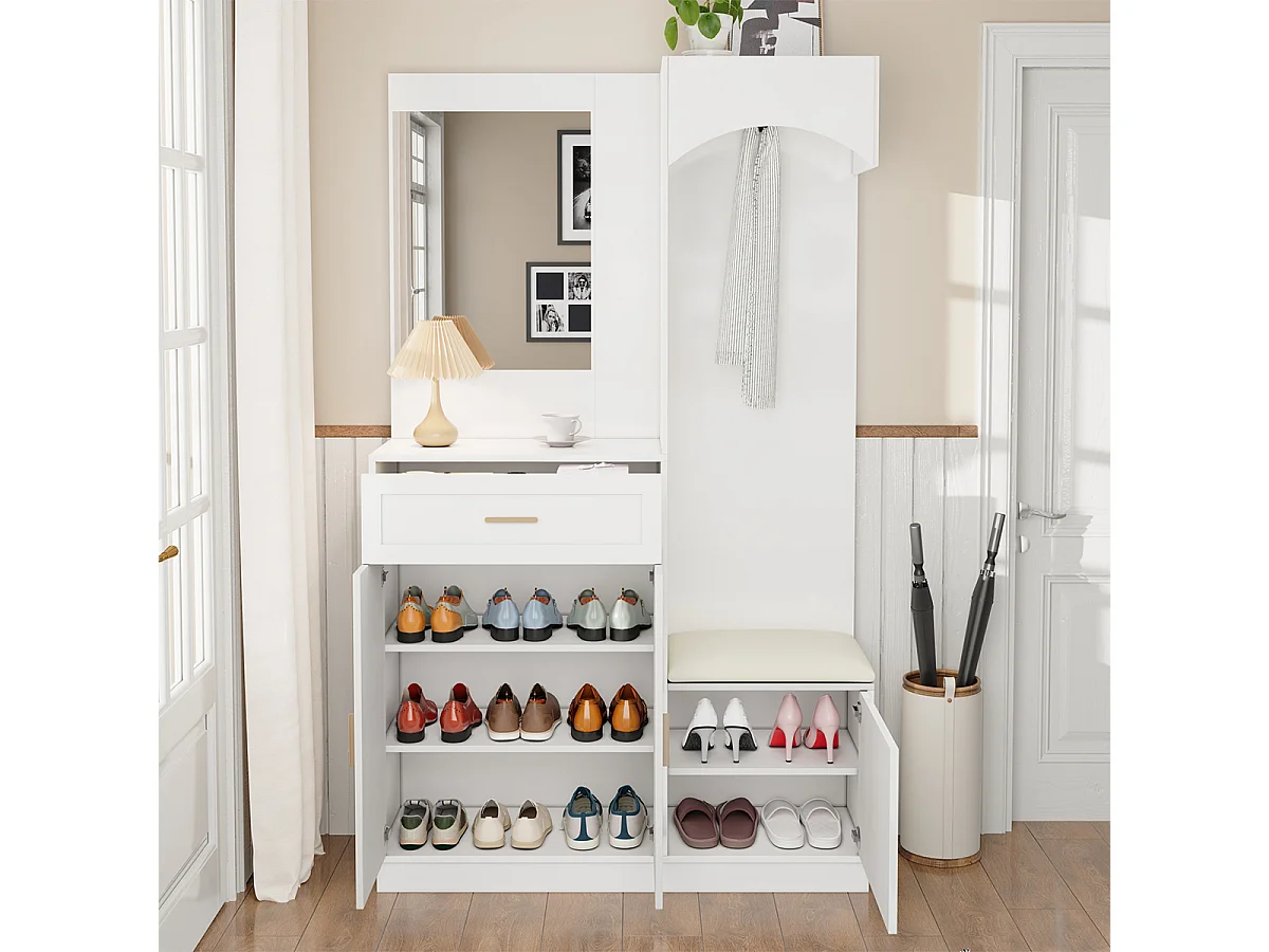 Garderobenset mit Spiegel und Schuhschrankkombination Flurgarderobe Wandgarderoben-Set 110 L x 33 B x 185.5 H cm Weiß