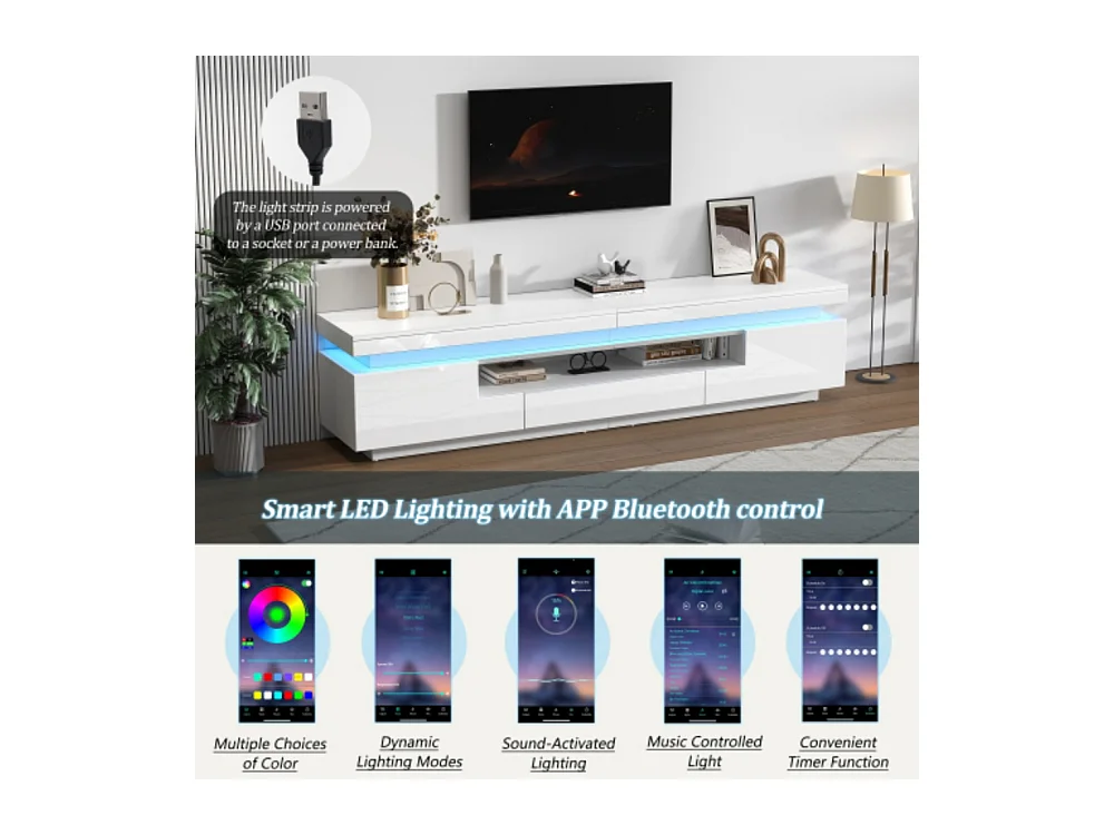 TV-Ständer mit 2 L-förmigen Schränken und 1 Schublade,Hochglanz-Wohnzimmerschrank mit LED,Lowboard, Stand-TV-Schrank für Fernseher um die 75 Zoll 175*38*45cm