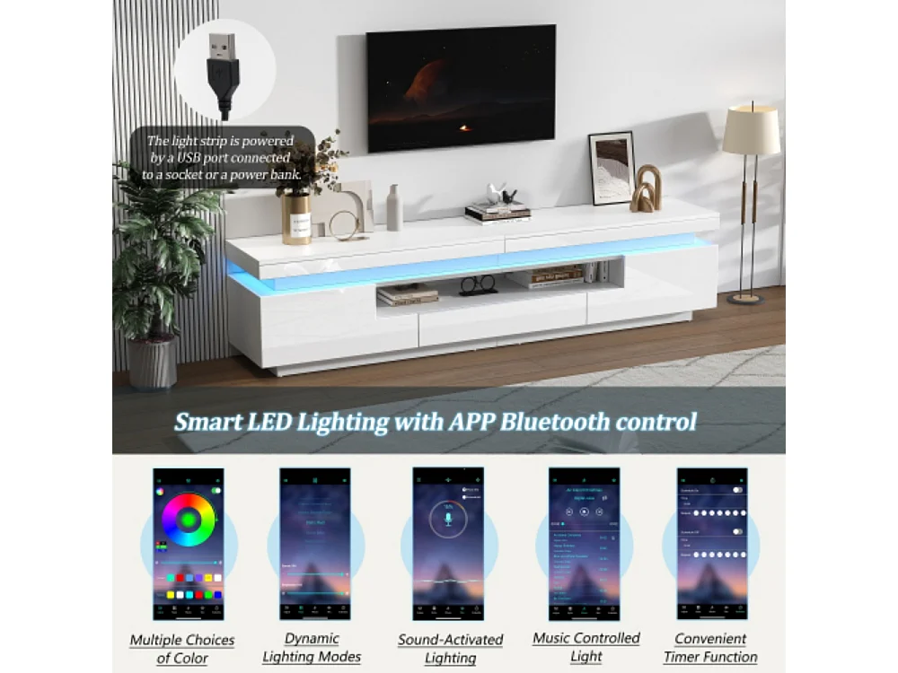 TV-Ständer mit 2 L-förmigen Schränken und 1 Schublade,Hochglanz-Wohnzimmerschrank mit LED,Lowboard, Stand-TV-Schrank für Fernseher um die 75 Zoll 175*38*45cm