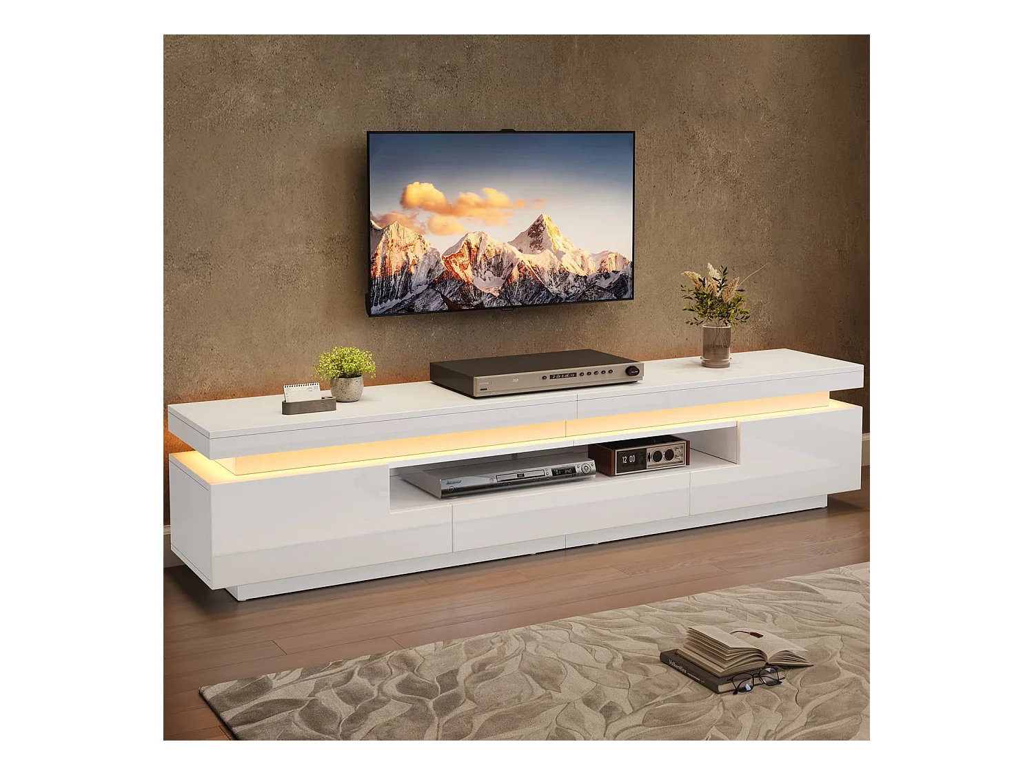 Wohnzimmer TV-Ständer mit 2 L-förmigen Schränken+Schublade,Hochglanz-Wohnzimmerschrank mit LED,Lowboard mit halboffenem Stauraum,Stand-TV-Schrank