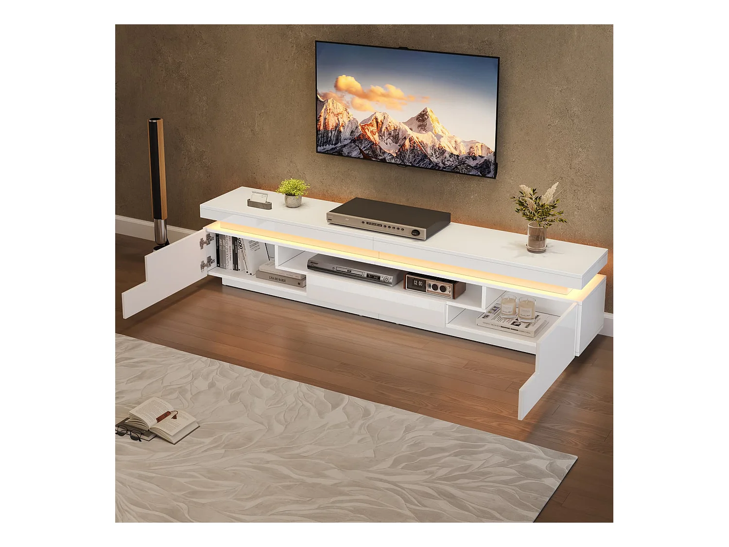 Wohnzimmer TV-Ständer mit 2 L-förmigen Schränken+Schublade,Hochglanz-Wohnzimmerschrank mit LED,Lowboard mit halboffenem Stauraum,Stand-TV-Schrank