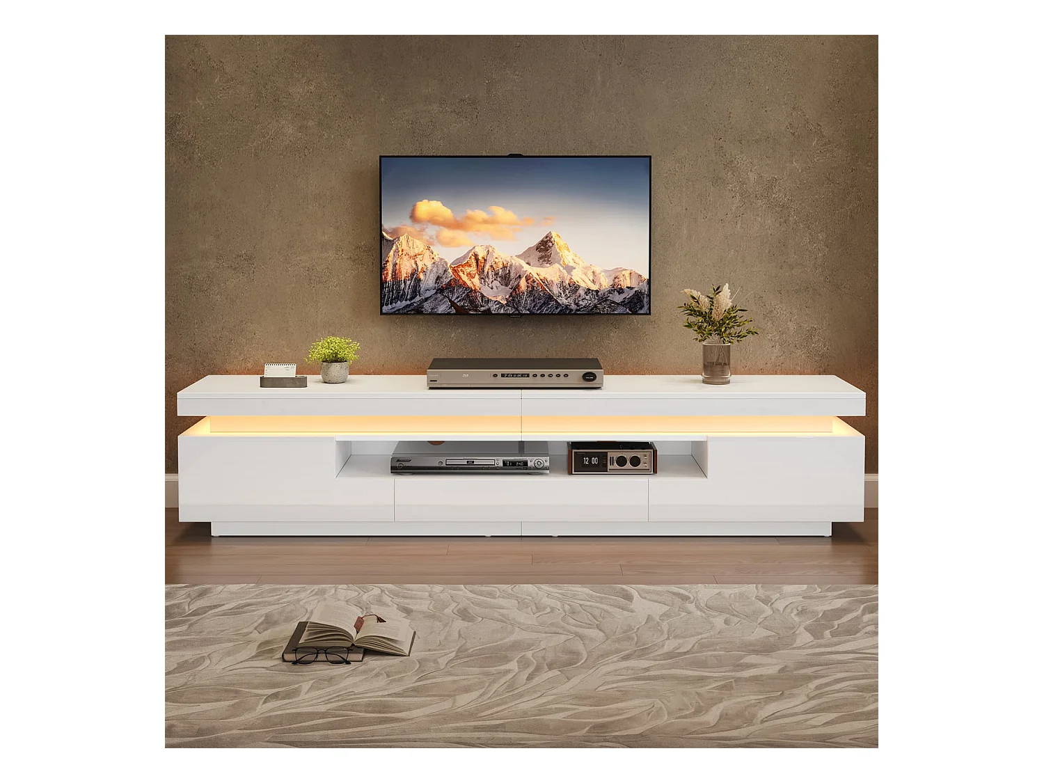 Wohnzimmer TV-Ständer mit 2 L-förmigen Schränken+Schublade,Hochglanz-Wohnzimmerschrank mit LED,Lowboard mit halboffenem Stauraum,Stand-TV-Schrank
