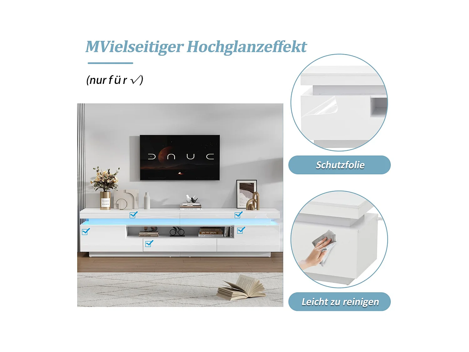 Wohnzimmer TV-Ständer mit 2 L-förmigen Schränken+Schublade,Hochglanz-Wohnzimmerschrank mit LED,Lowboard mit halboffenem Stauraum,Stand-TV-Schrank