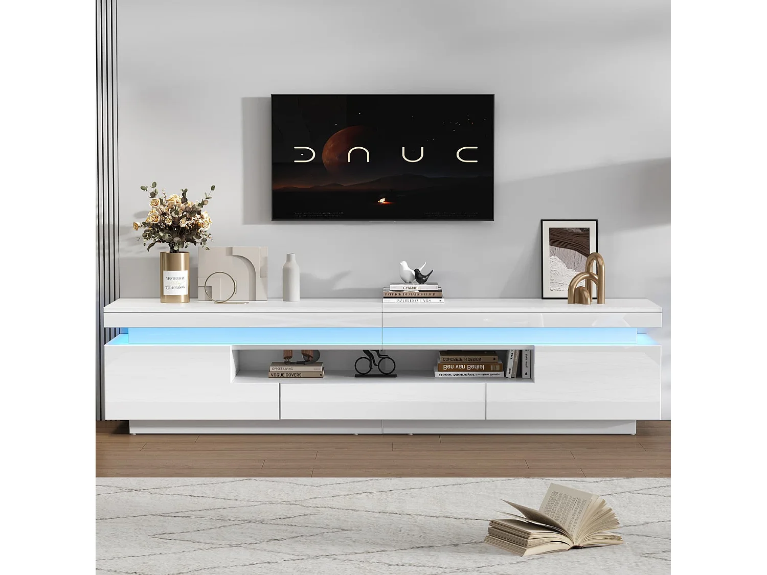 Wohnzimmer TV-Ständer mit 2 L-förmigen Schränken+Schublade,Hochglanz-Wohnzimmerschrank mit LED,Lowboard mit halboffenem Stauraum,Stand-TV-Schrank